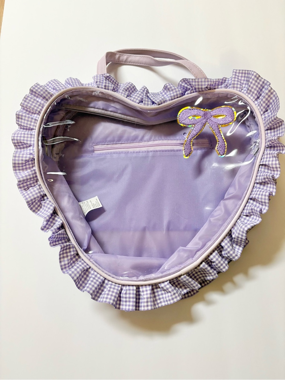 Lilac Heart-Shaped Ruffled Tote Bag with Bow Accent